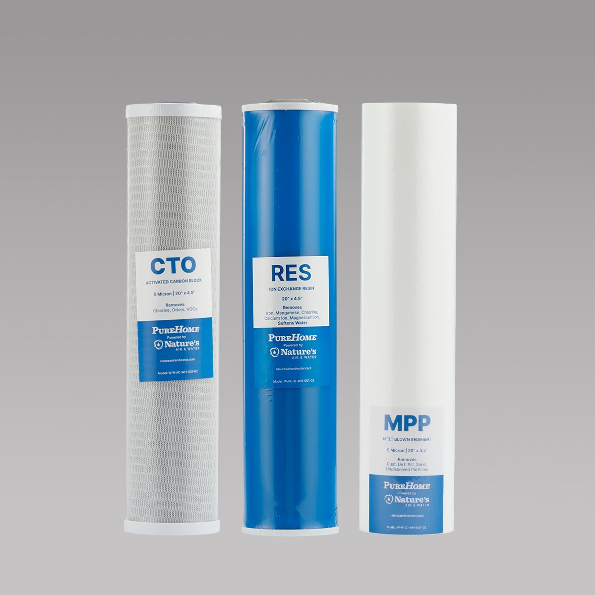 20" x 4 ½" 3-Stage MPP 5 micron Sediment Filter, CTO Activated Carbon Block Filter, & RES Ion Exchange Resin Filter Bundle